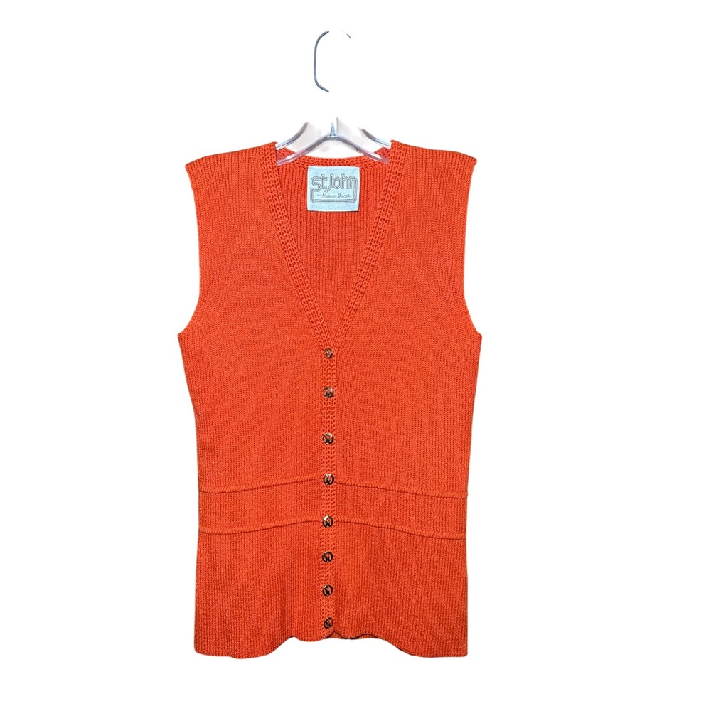 St John for Neiman Marcus Orange Knit Button Front V-Neck Sweater Vest 2709